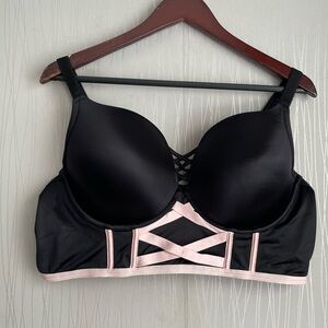 Torrid 44D XO Plunge Push Up Longline Bra Black Pink Lace Strappy Bustier